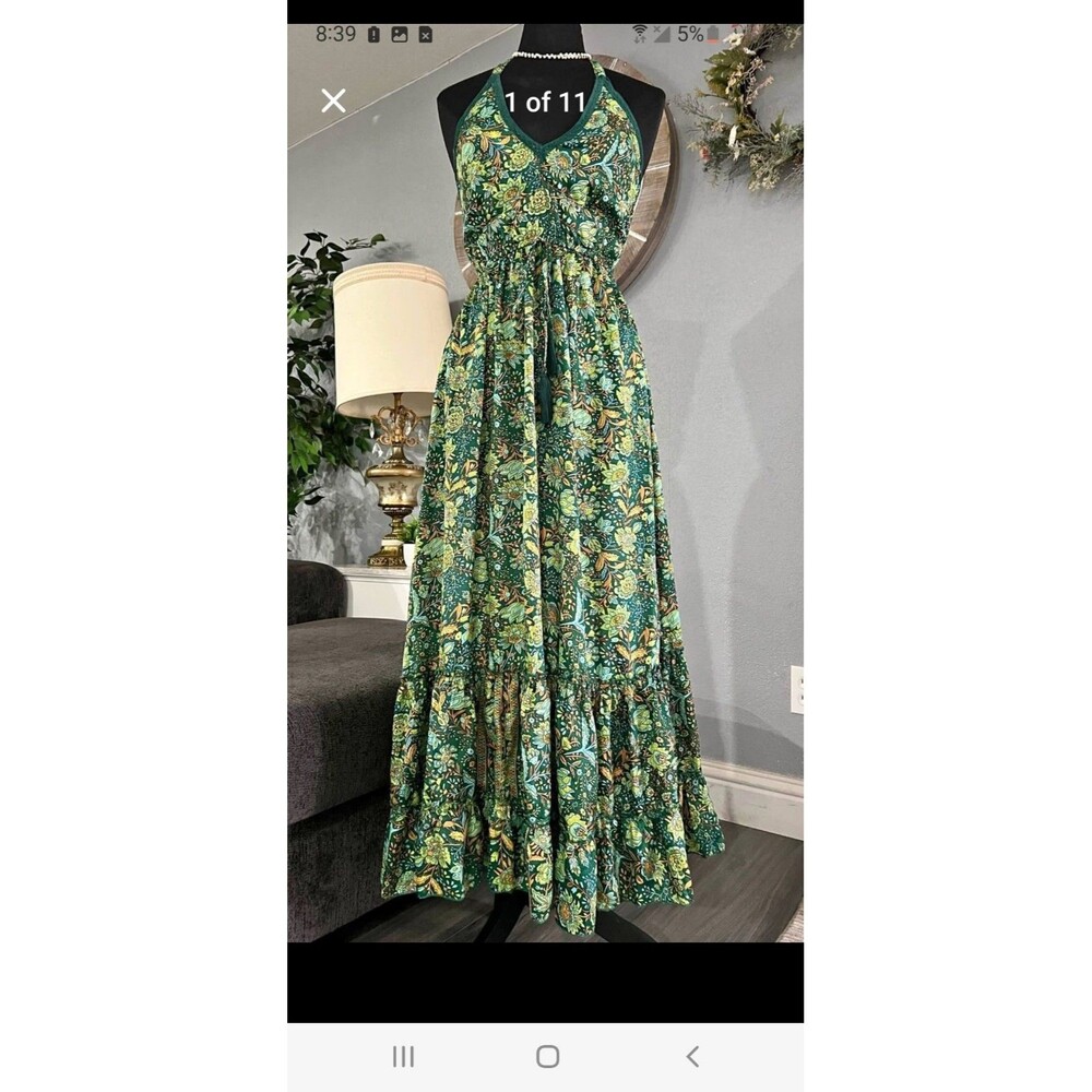 NAOO Nation Ak Outfits Floral Green Halter Maxi Dress size Small